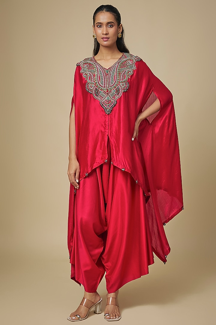 Cherry Red Chanderi Dori Embellished Kaftan Set by Prisho at Pernia's Pop Up Shop