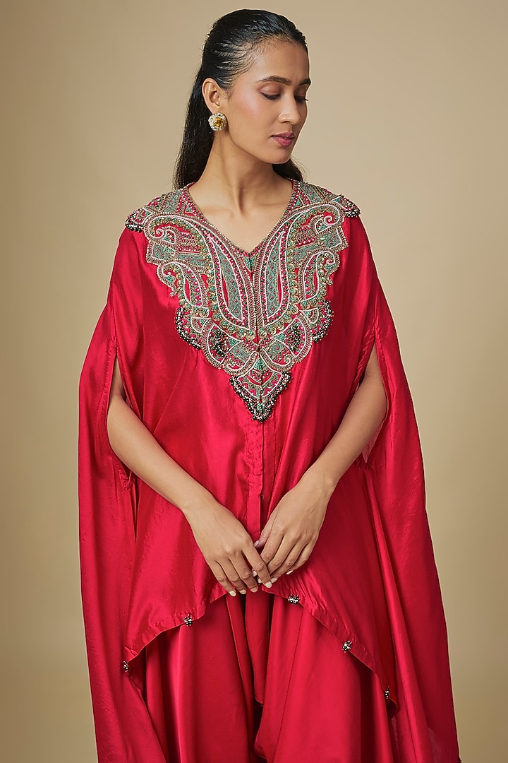 Cherry Red Chanderi Dori Embellished Kaftan Set by Prisho at Pernia's Pop Up Shop