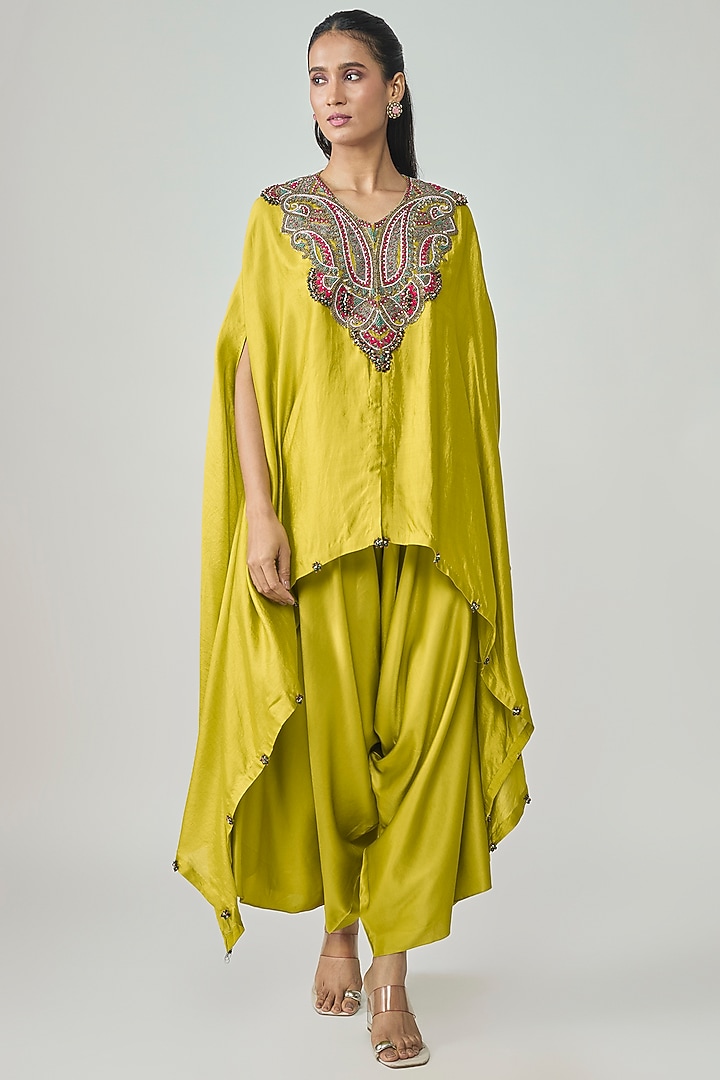 Lime Green Chanderi Dori Embellished Kaftan Set by Prisho at Pernia's Pop Up Shop
