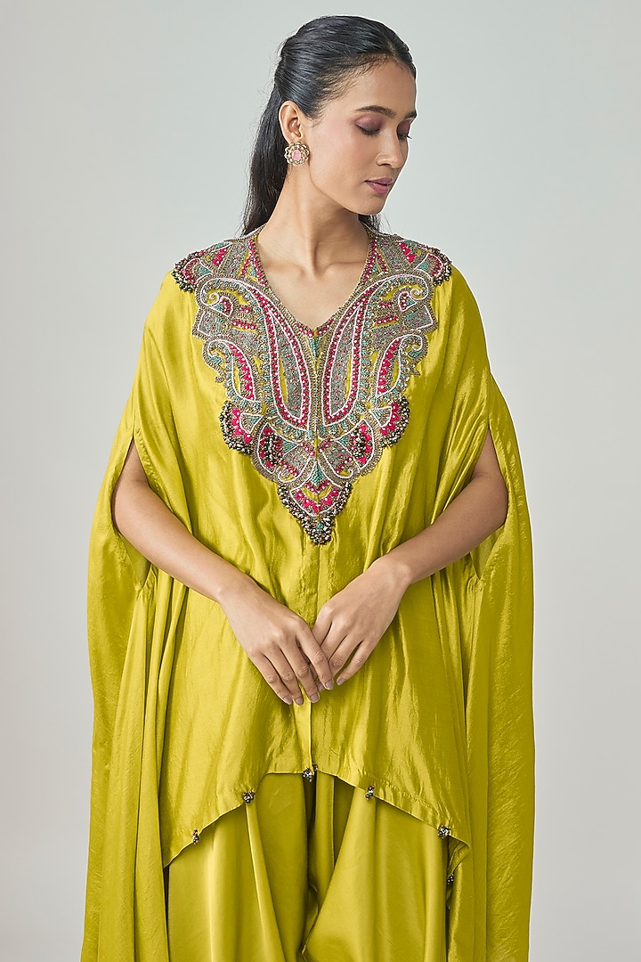 Lime Green Chanderi Dori Embellished Kaftan Set by Prisho at Pernia's Pop Up Shop
