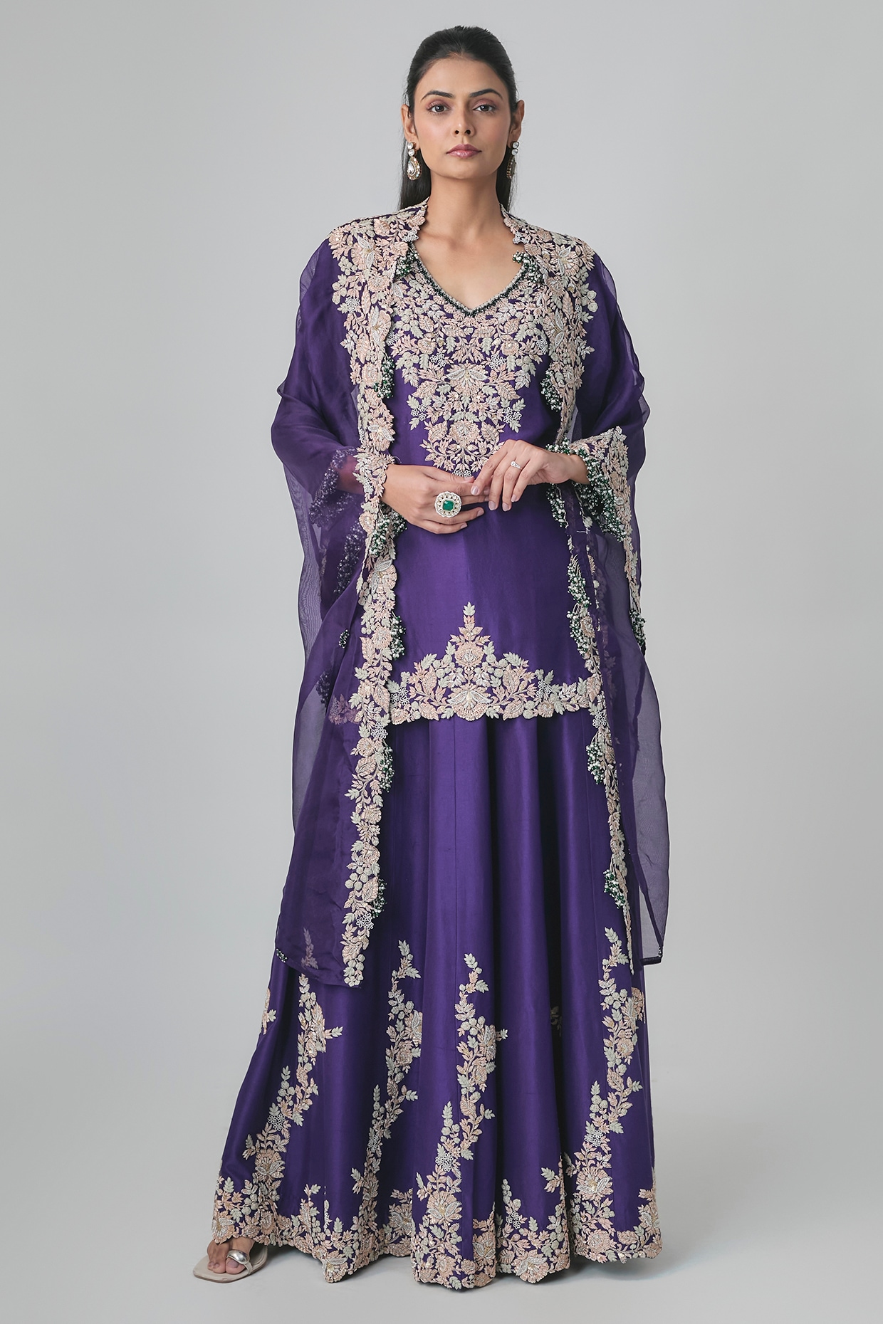 Prisho Purple Organza Resham Work Sharara Set