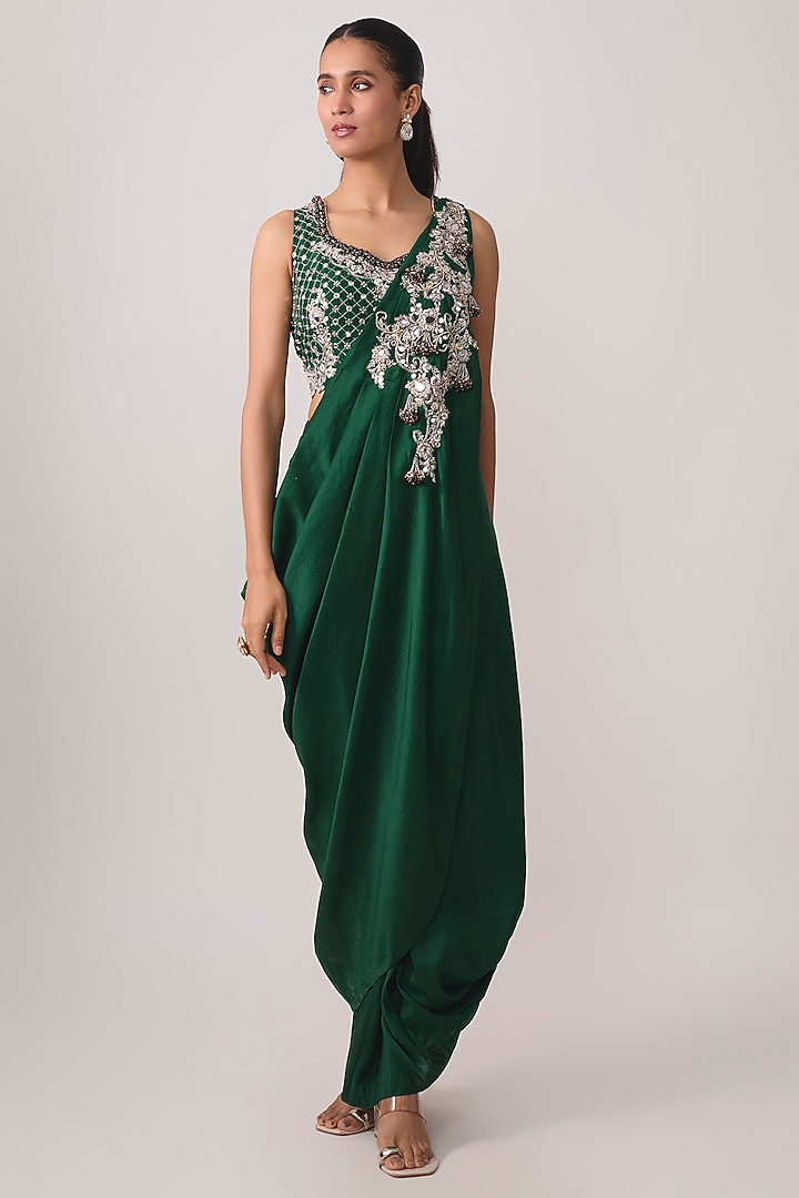 Bottle Green Silk Skirt Set by Prisho at Pernia's Pop Up Shop