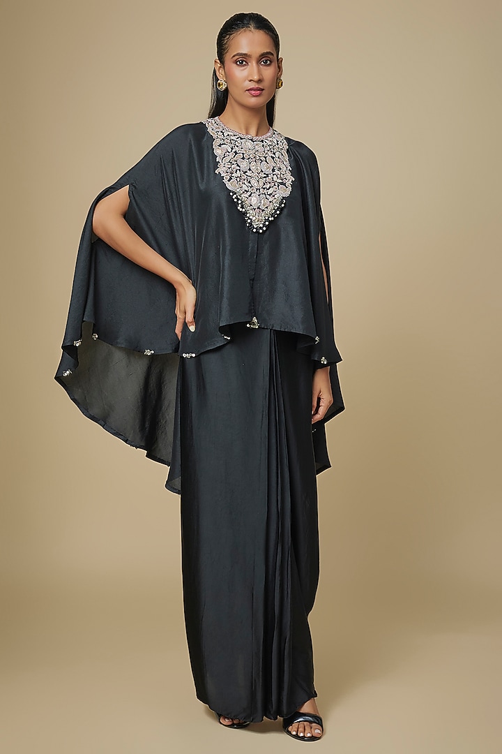 Black Silk Gota Work Umbrella Kaftan Set by Prisho at Pernia's Pop Up Shop