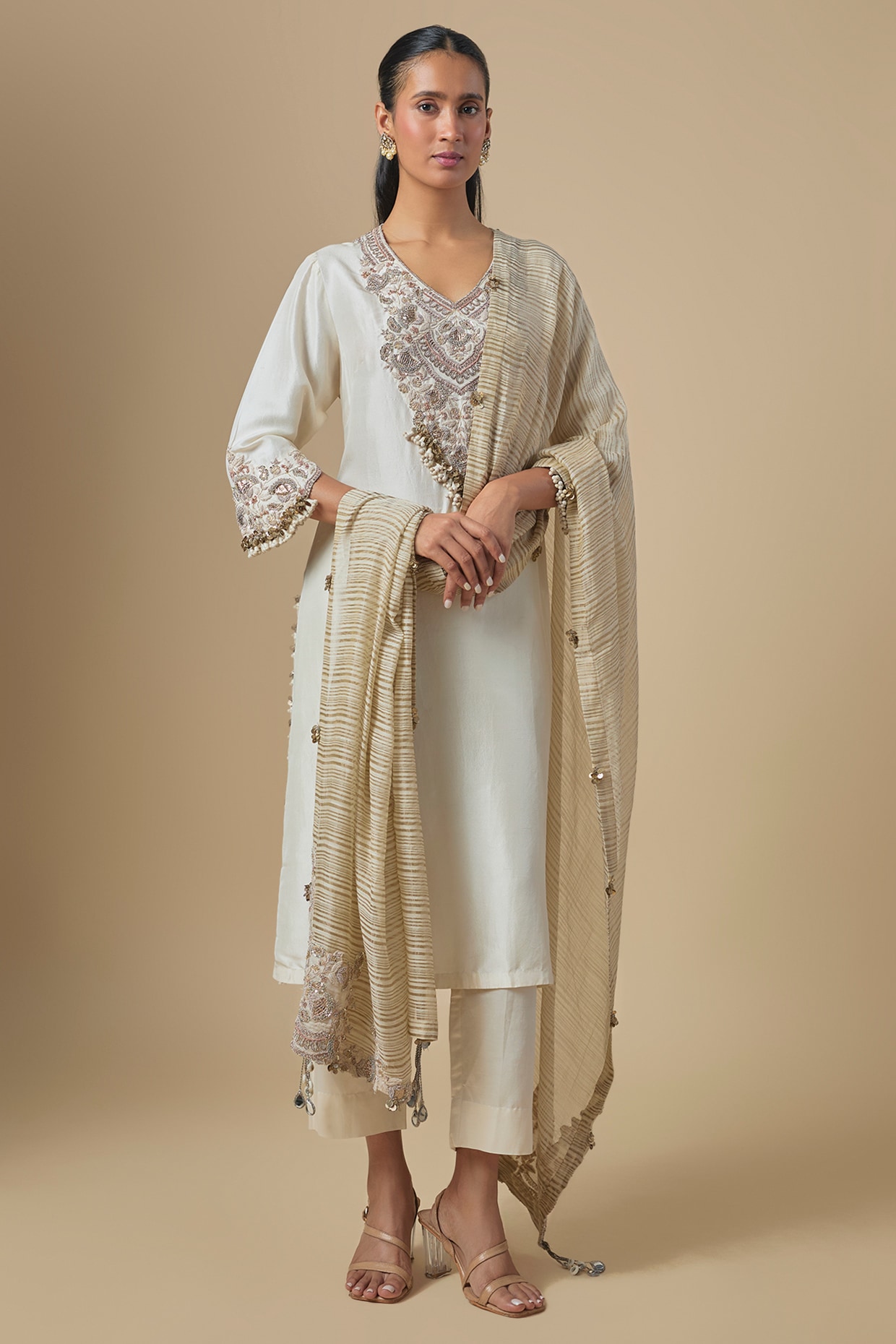 Prisho Ivory Silk Dori Embroidered Kurta Set