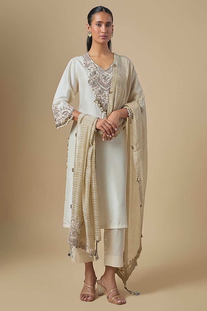 Ivory Silk Dori Embroidered Kurta Set by Prisho at Pernia's Pop Up Shop