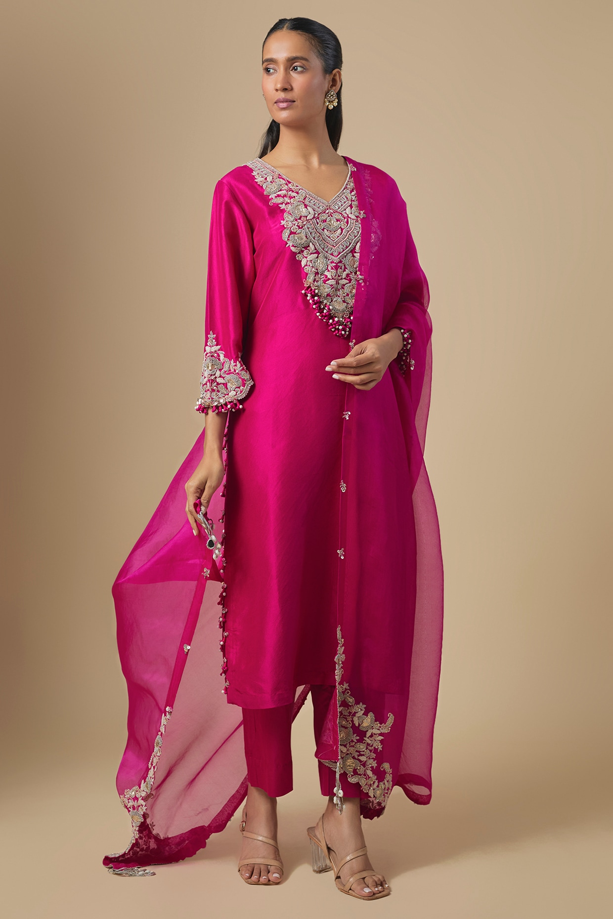 Prisho Fuchsia Silk Dori Embroidered Kurta Set