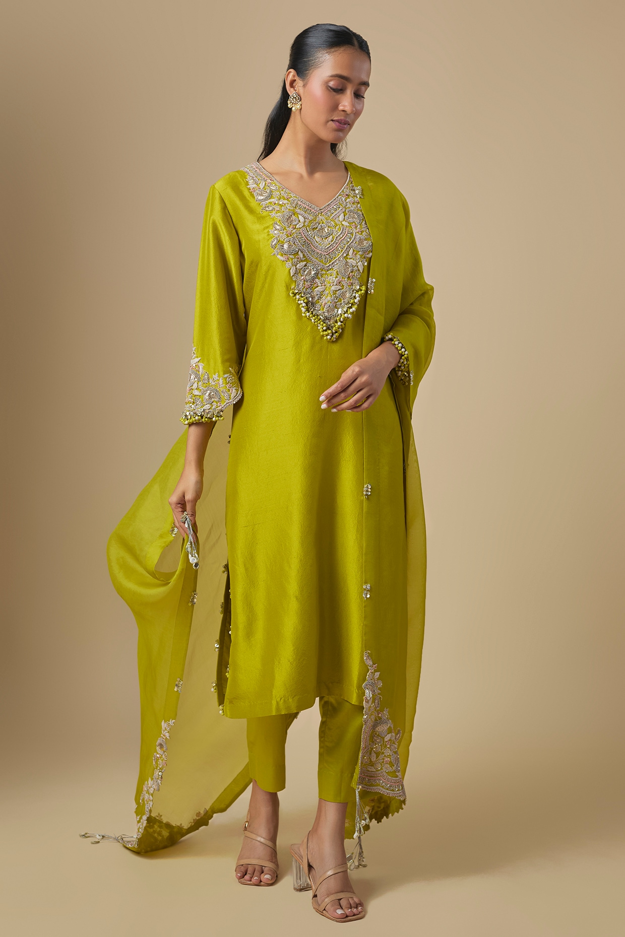 Prisho Lime Green Silk Dori Embroidered Kurta Set