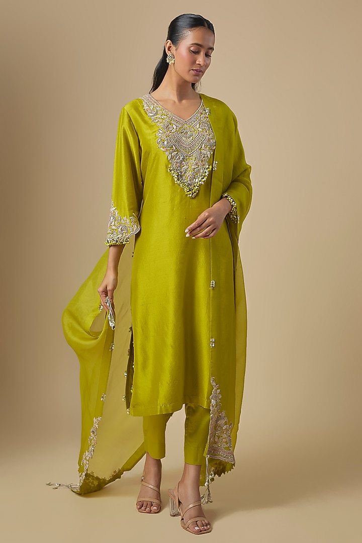Lime Green Silk Dori Embroidered Kurta Set by Prisho at Pernia's Pop Up Shop