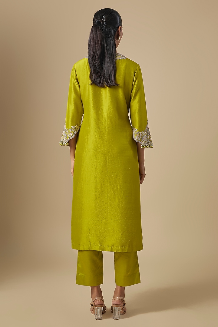 Lime Green Silk Dori Embroidered Kurta Set by Prisho at Pernia's Pop Up Shop