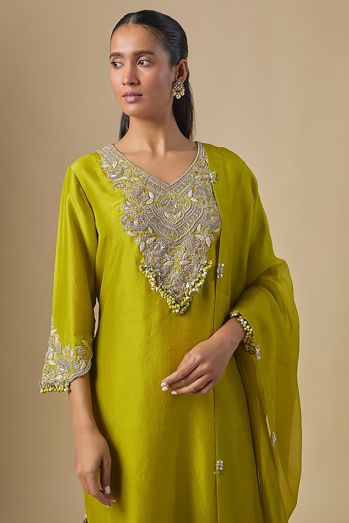 Lime Green Silk Dori Embroidered Kurta Set by Prisho at Pernia's Pop Up Shop