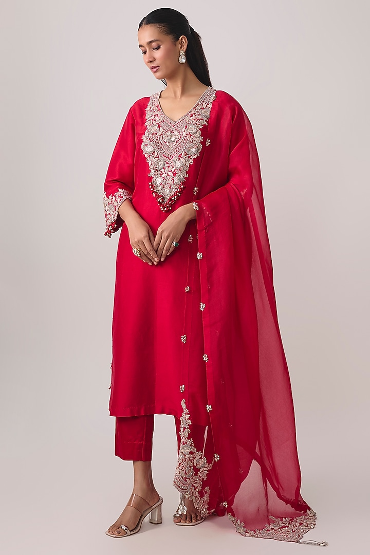 Red Silk Gota Work Kurta Set by Prisho at Pernia's Pop Up Shop