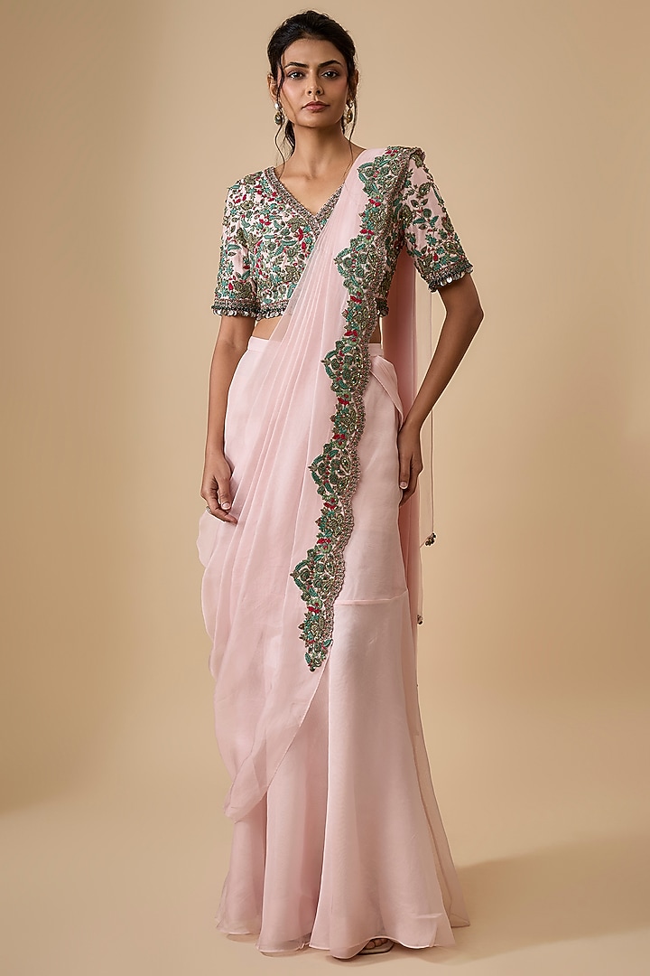Flamingo Pink Organza Dori Embellished Pre-Draped Wedding Saree Set by Prisho at Pernia's Pop Up Shop