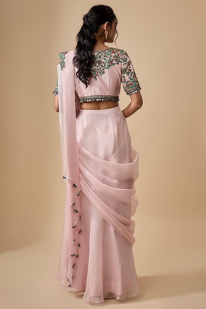 Flamingo Pink Organza Dori Embellished Pre-Draped Wedding Saree Set by Prisho at Pernia's Pop Up Shop