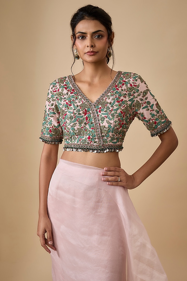 Flamingo Pink Organza Dori Embellished Pre-Draped Wedding Saree Set by Prisho at Pernia's Pop Up Shop