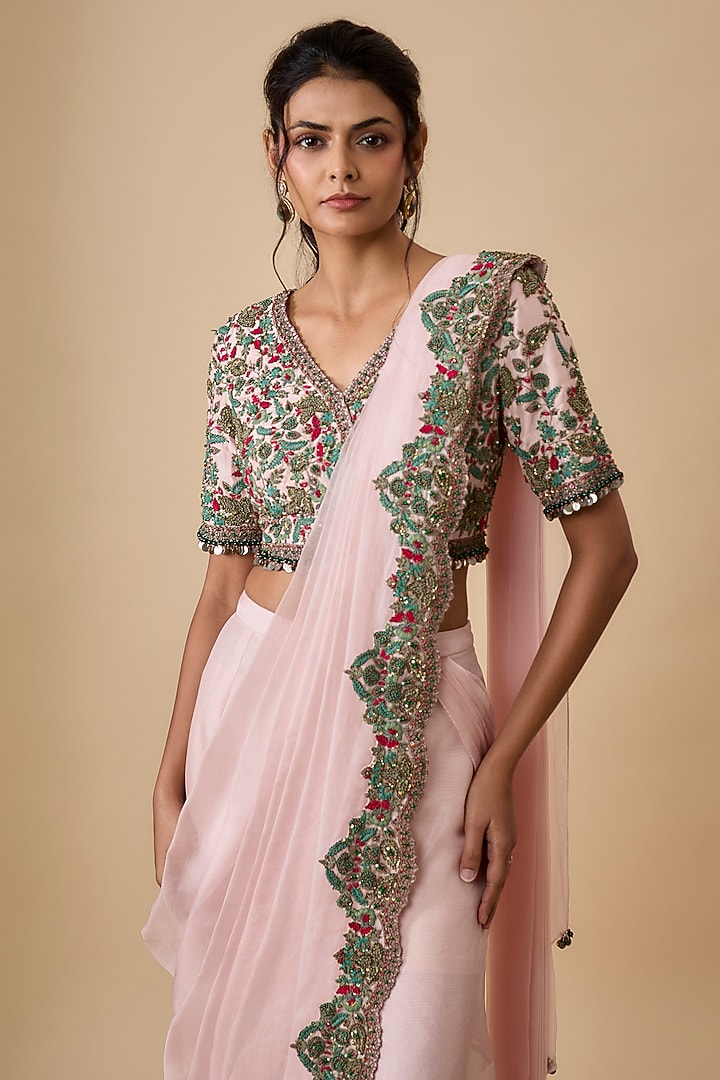 Flamingo Pink Organza Dori Embellished Pre-Draped Wedding Saree Set by Prisho at Pernia's Pop Up Shop