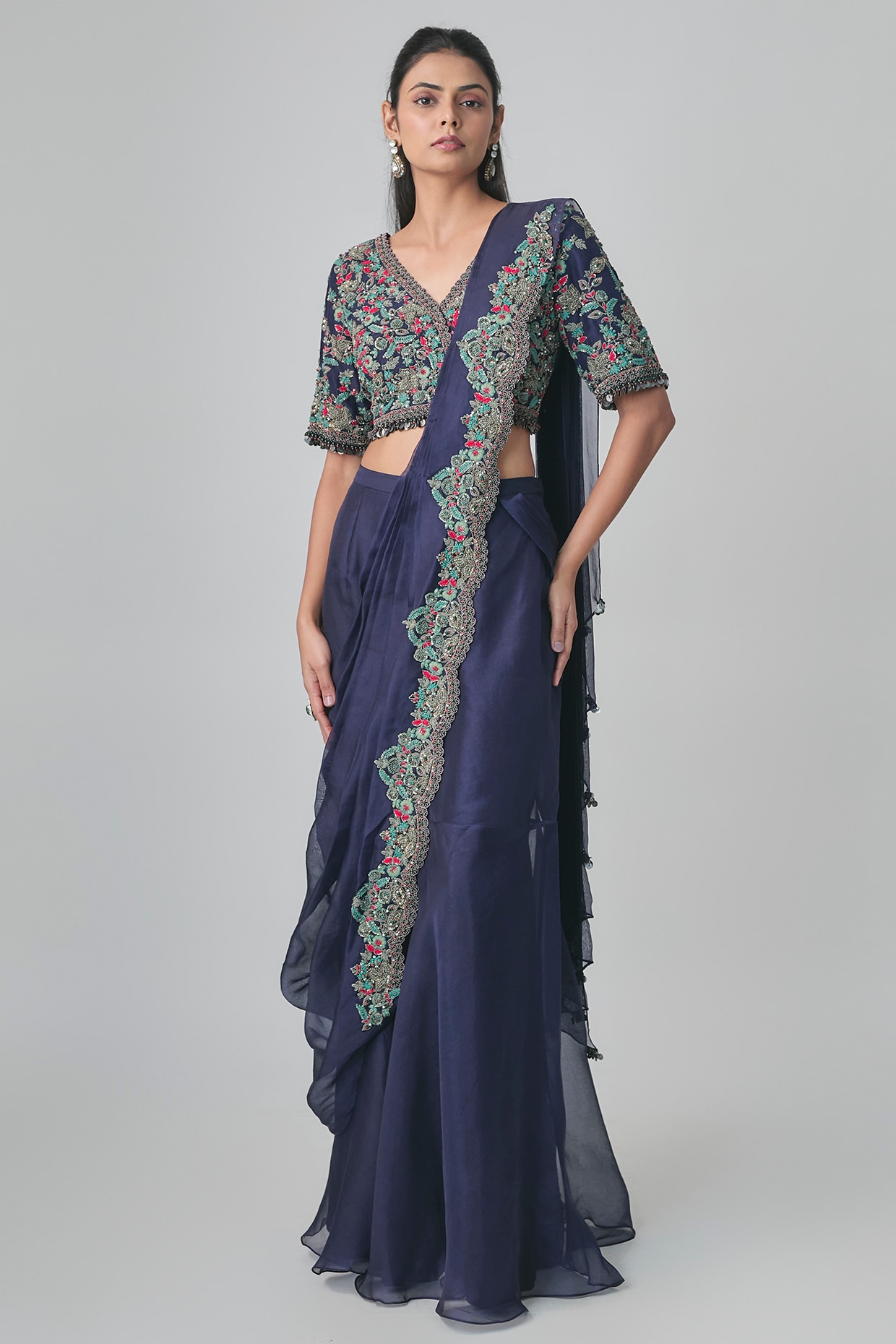 Prisho Royal Blue Organza Dori & Thread Work Frilled Saree Set