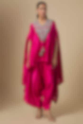 Fuchsia Chanderi Maal Embroidered Kaftan Set by Prisho at Pernia's Pop Up Shop