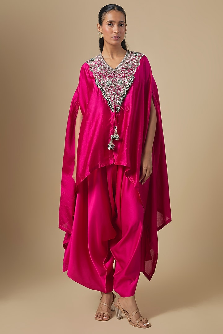 Fuchsia Chanderi Maal Embroidered Kaftan Set by Prisho at Pernia's Pop Up Shop