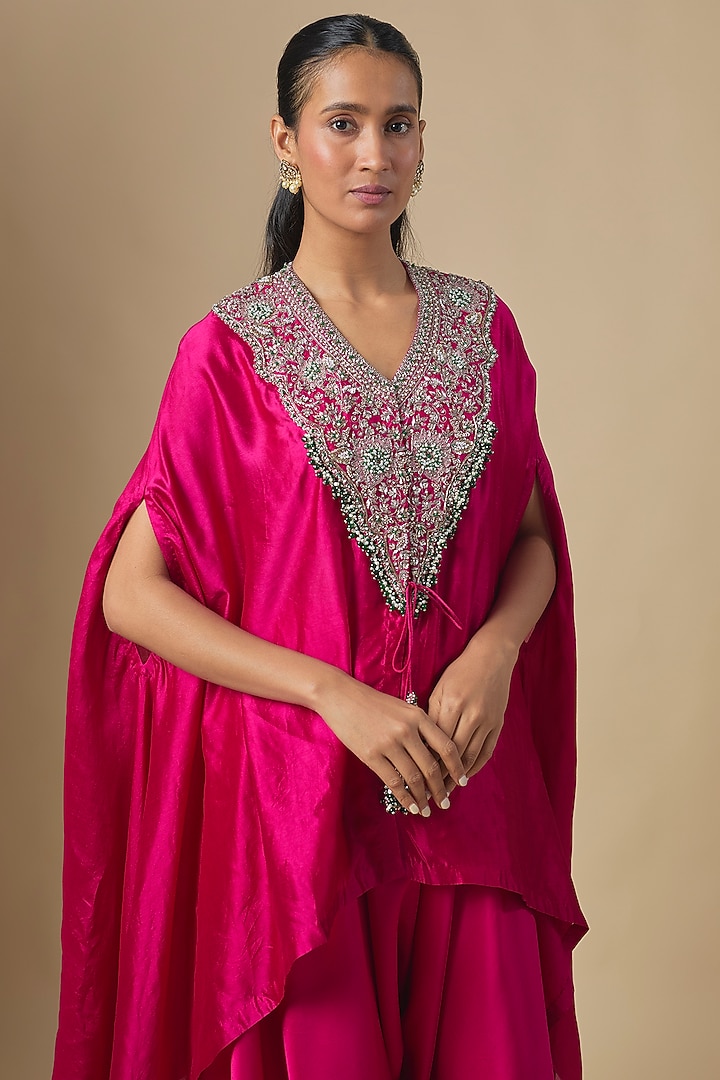 Fuchsia Chanderi Maal Embroidered Kaftan Set by Prisho at Pernia's Pop Up Shop
