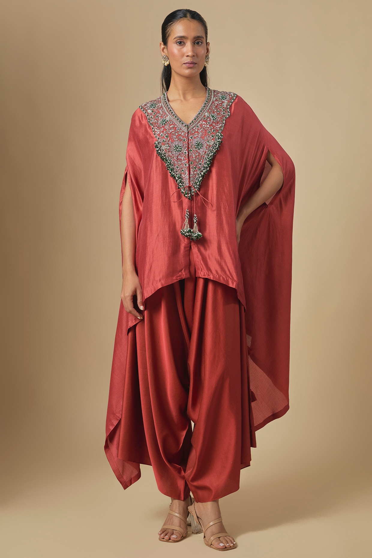 Prisho Deep Orange Chanderi Maal Embroidered Kaftan Set