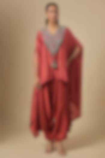 Deep Orange Chanderi Maal Embroidered Kaftan Set by Prisho at Pernia's Pop Up Shop