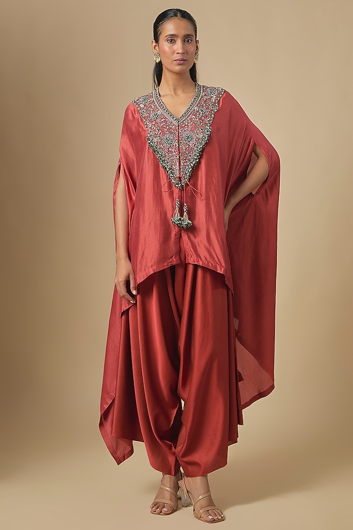 Deep Orange Chanderi Maal Embroidered Kaftan Set by Prisho at Pernia's Pop Up Shop