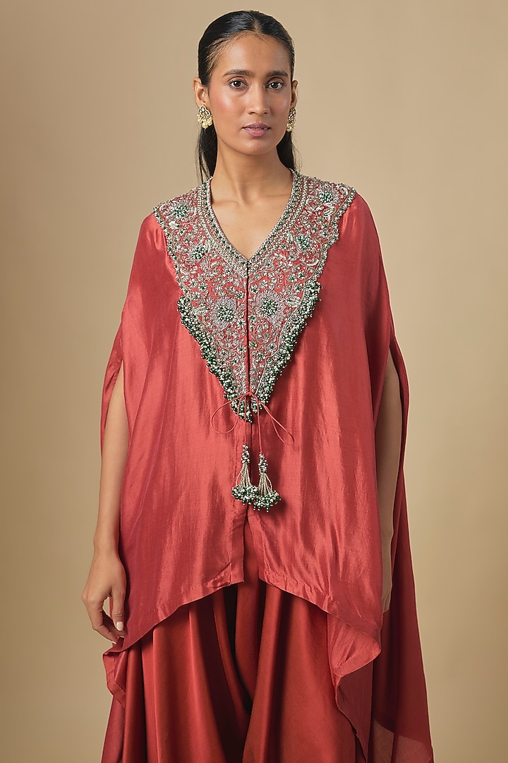 Deep Orange Chanderi Maal Embroidered Kaftan Set by Prisho at Pernia's Pop Up Shop