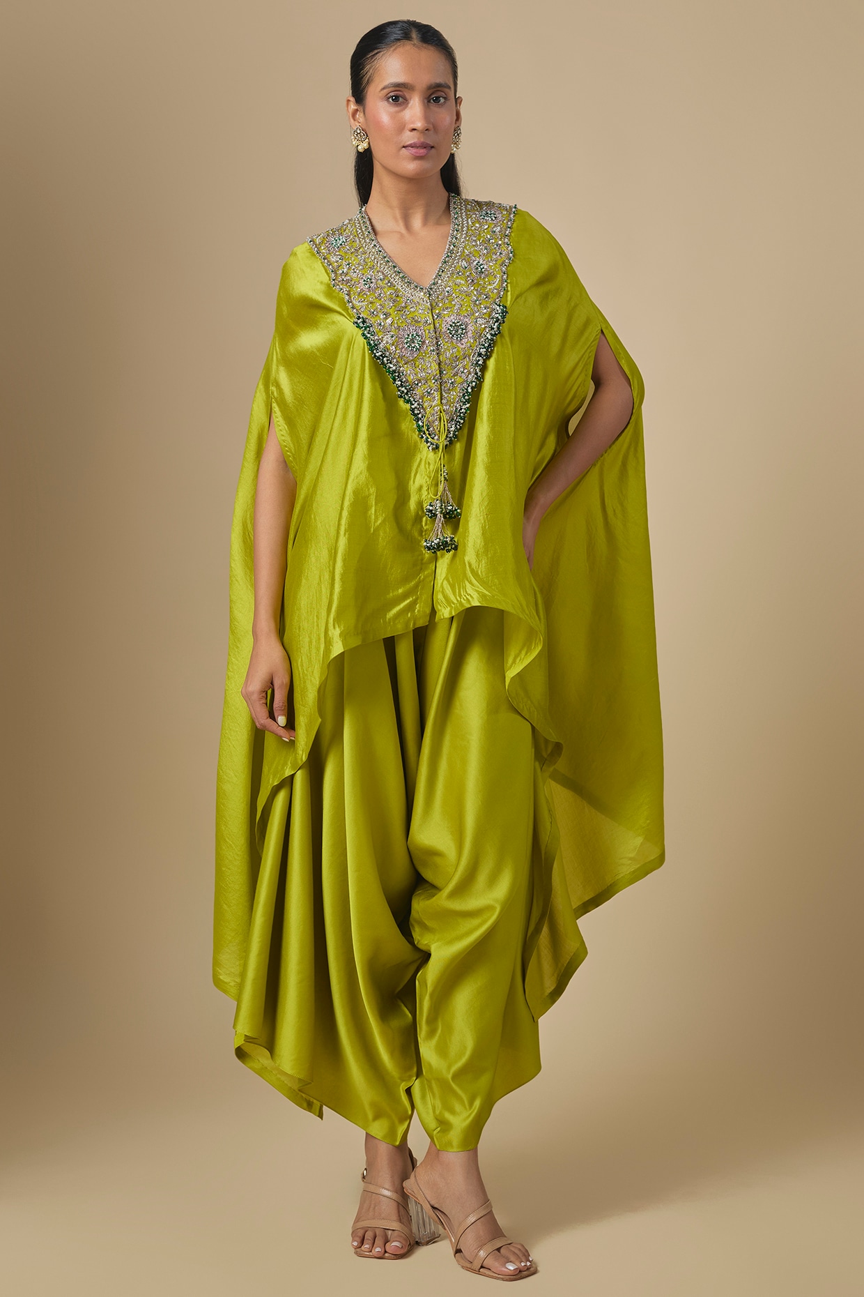 Prisho Lime Green Chanderi Maal Embroidered Kaftan Set