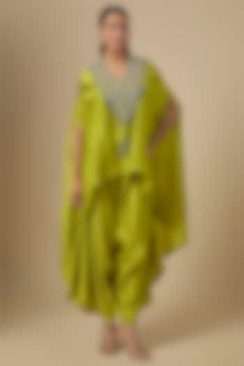 Lime Green Chanderi Maal Embroidered Kaftan Set by Prisho at Pernia's Pop Up Shop