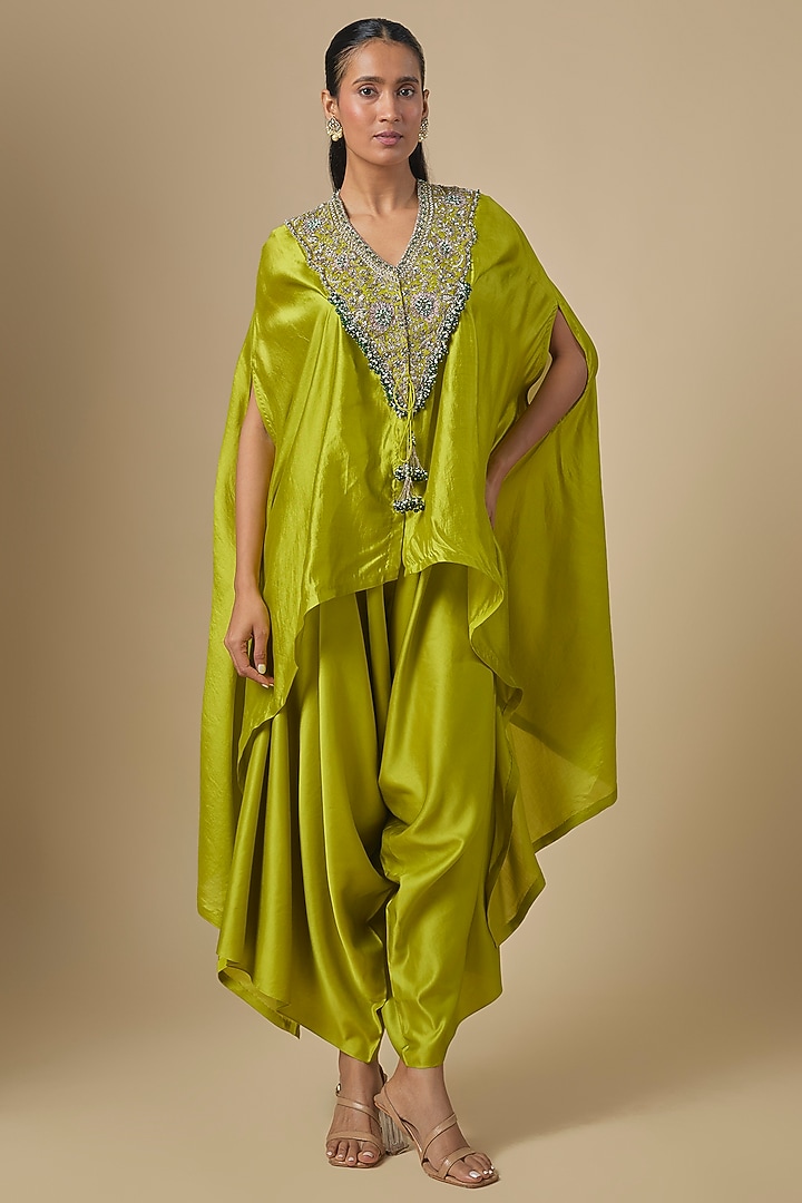 Lime Green Chanderi Maal Embroidered Kaftan Set by Prisho at Pernia's Pop Up Shop