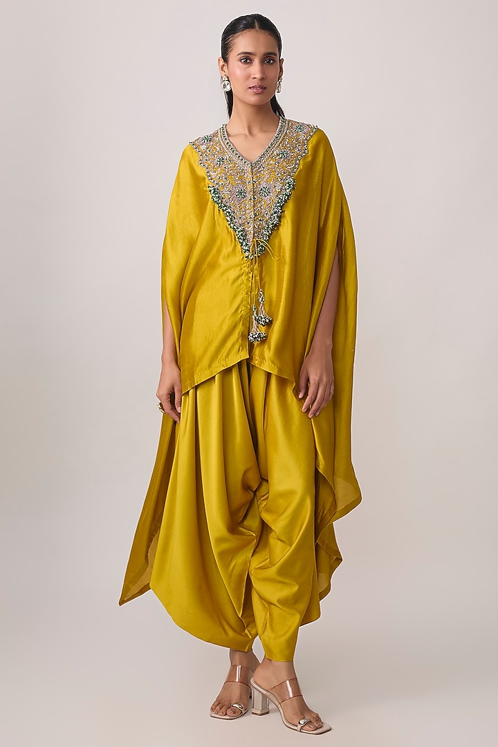 Mustard Chanderi Zari Applique Work Kaftan Set by Prisho at Pernia's Pop Up Shop