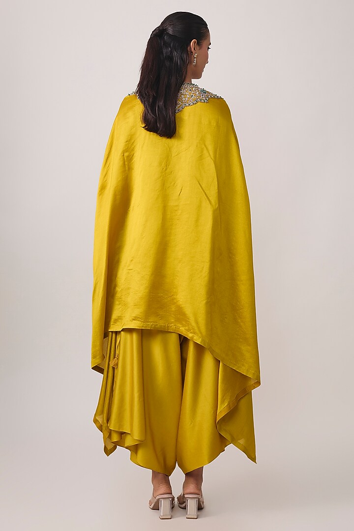 Mustard Chanderi Zari Applique Work Kaftan Set by Prisho at Pernia's Pop Up Shop