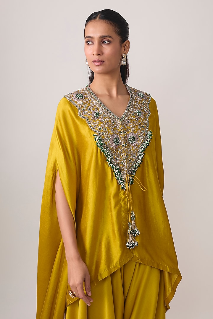 Mustard Chanderi Zari Applique Work Kaftan Set by Prisho at Pernia's Pop Up Shop