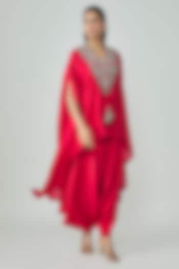 Red Chanderi Zari Applique Work Kaftan Set by Prisho at Pernia's Pop Up Shop