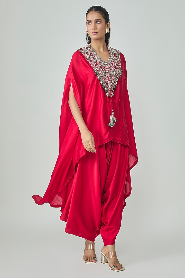 Red Chanderi Zari Applique Work Kaftan Set by Prisho at Pernia's Pop Up Shop