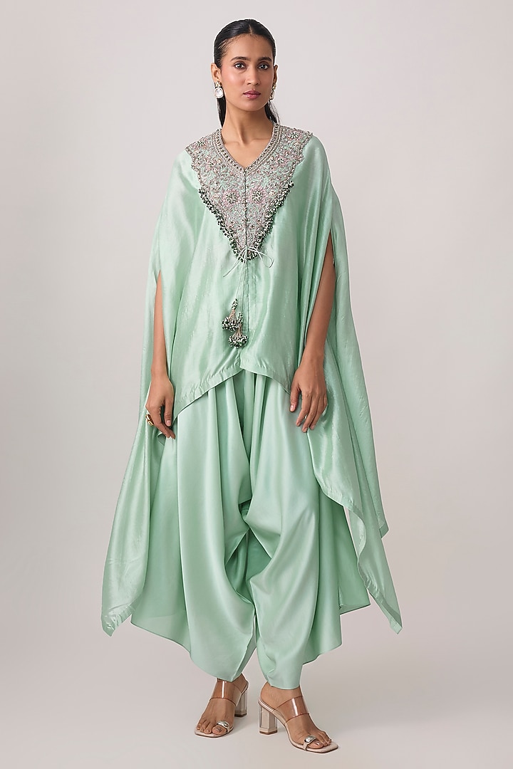 Aqua Chanderi Zari Applique Work Kaftan Set by Prisho at Pernia's Pop Up Shop