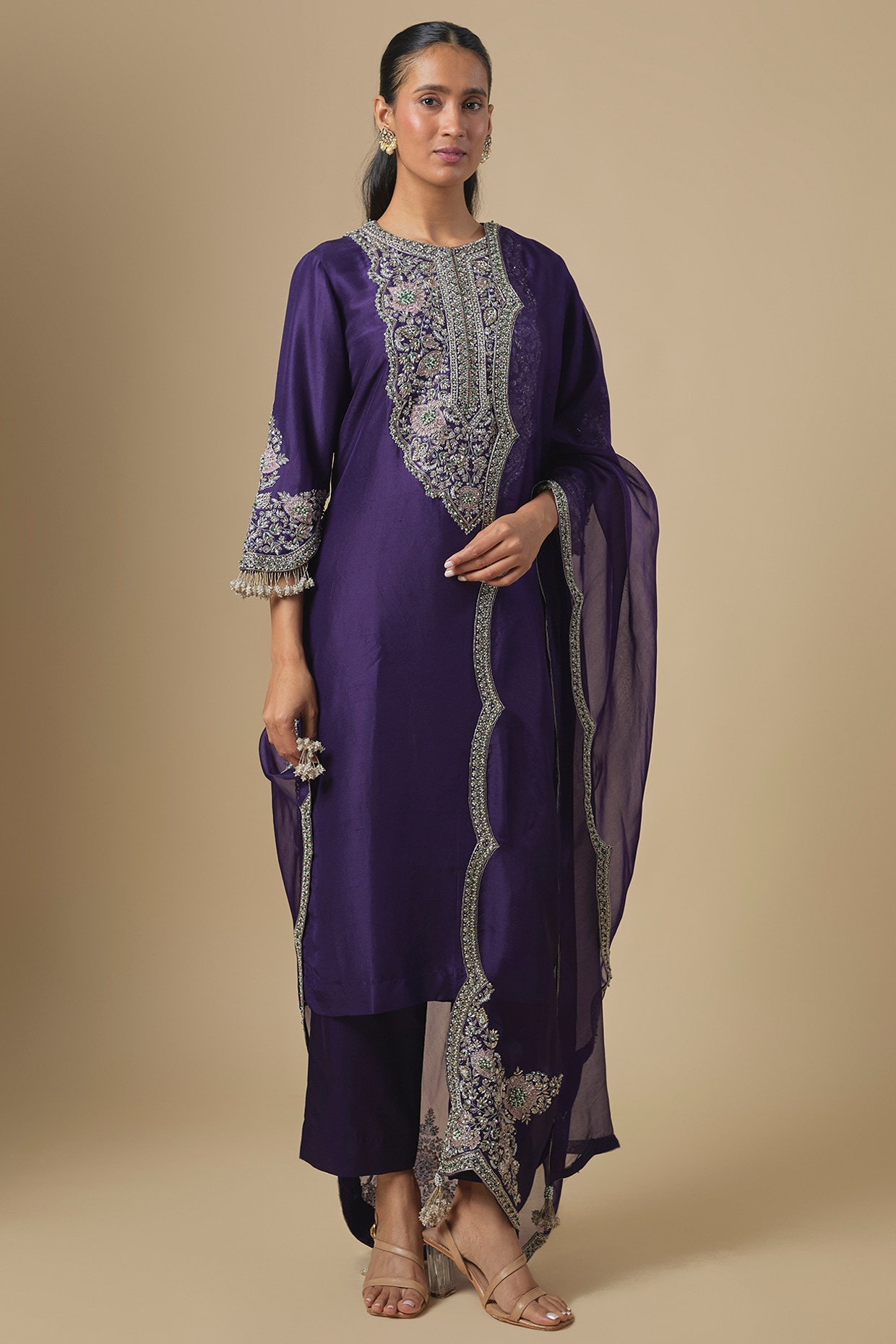 Prisho Dark Purple Silk Maal Embroidered Kurta Set