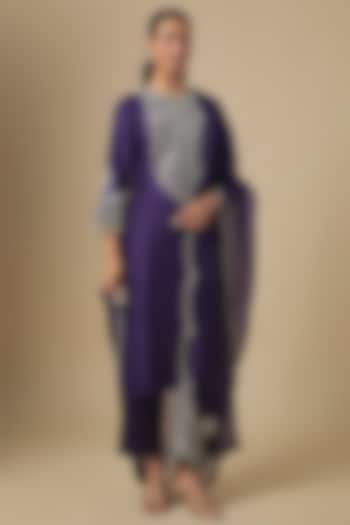 Dark Purple Silk Maal Embroidered Kurta Set by Prisho at Pernia's Pop Up Shop