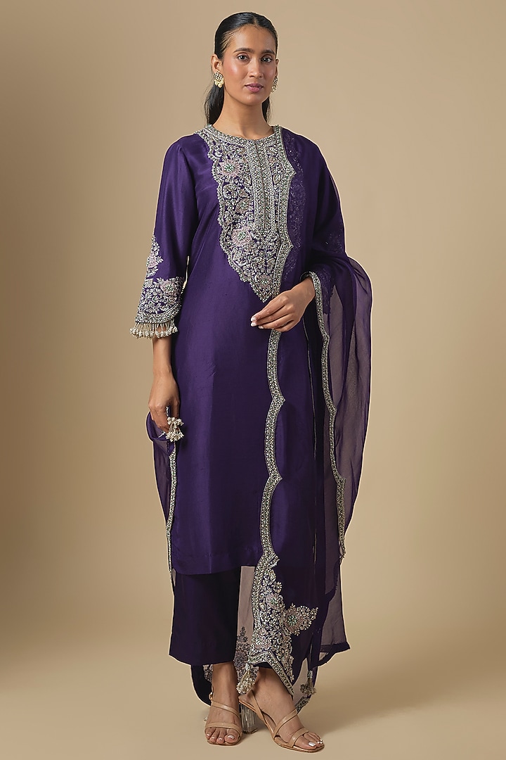 Dark Purple Silk Maal Embroidered Kurta Set by Prisho at Pernia's Pop Up Shop