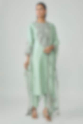Aqua Silk Zari Applique Work Kurta Set by Prisho at Pernia's Pop Up Shop