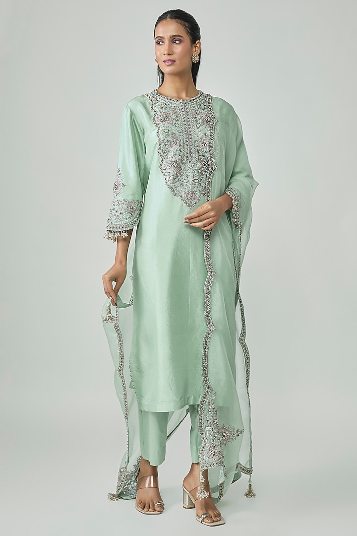 Aqua Silk Zari Applique Work Kurta Set by Prisho at Pernia's Pop Up Shop