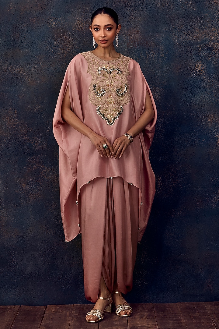 Dark Flamingo Silk Mukesh Embroidered Kaftan Set by Prisho at Pernia's Pop Up Shop