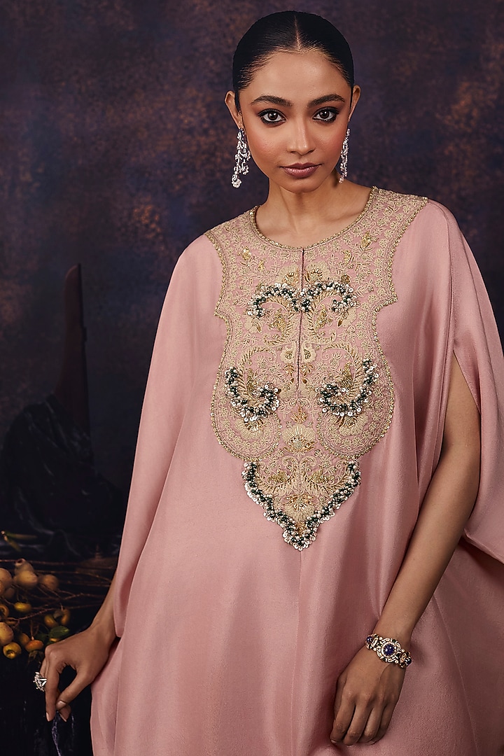 Dark Flamingo Silk Mukesh Embroidered Kaftan Set by Prisho at Pernia's Pop Up Shop