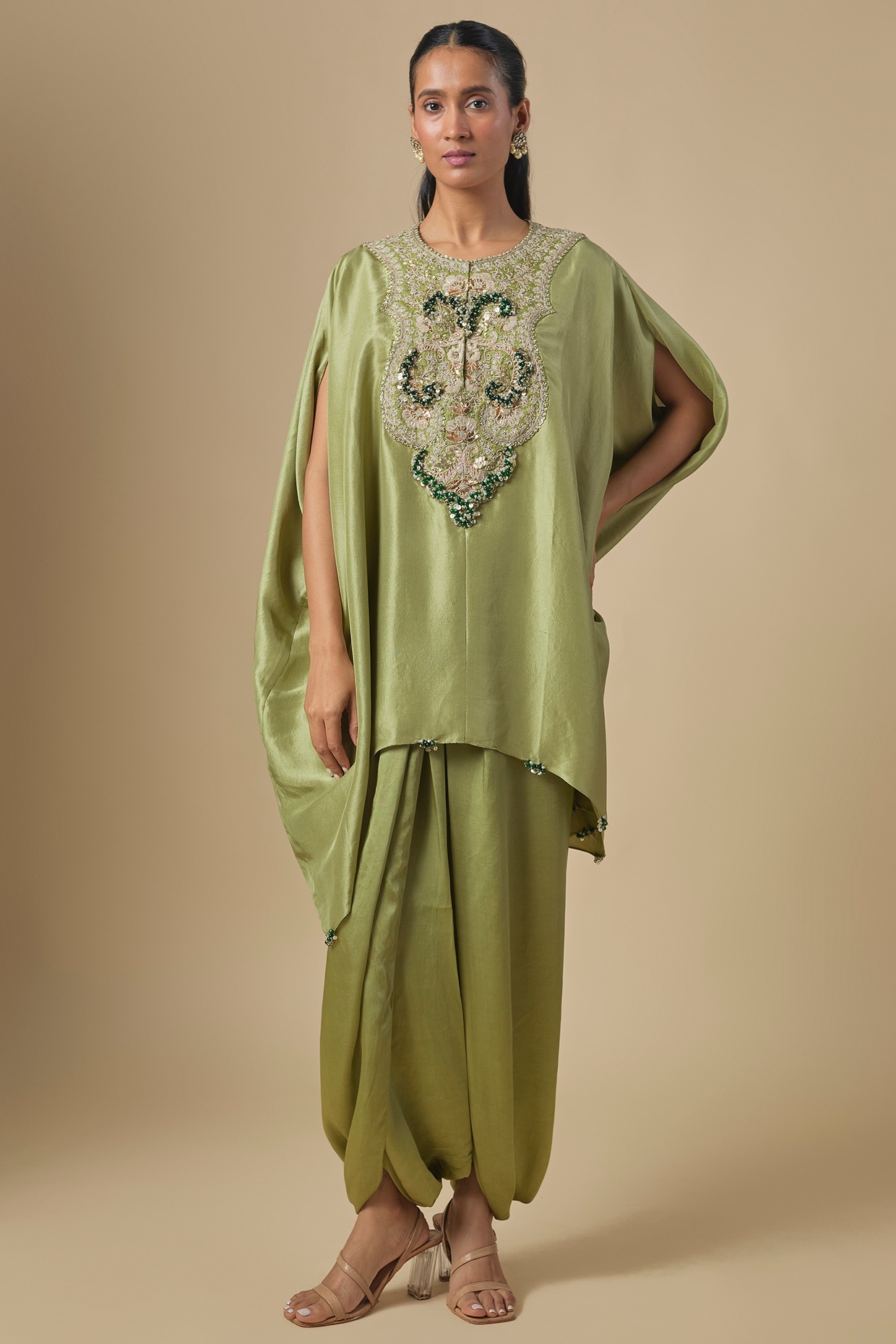 Prisho Sea Green Silk Mukesh Embroidered Kaftan Set