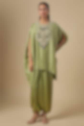 Sea Green Silk Mukesh Embroidered Kaftan Set by Prisho at Pernia's Pop Up Shop