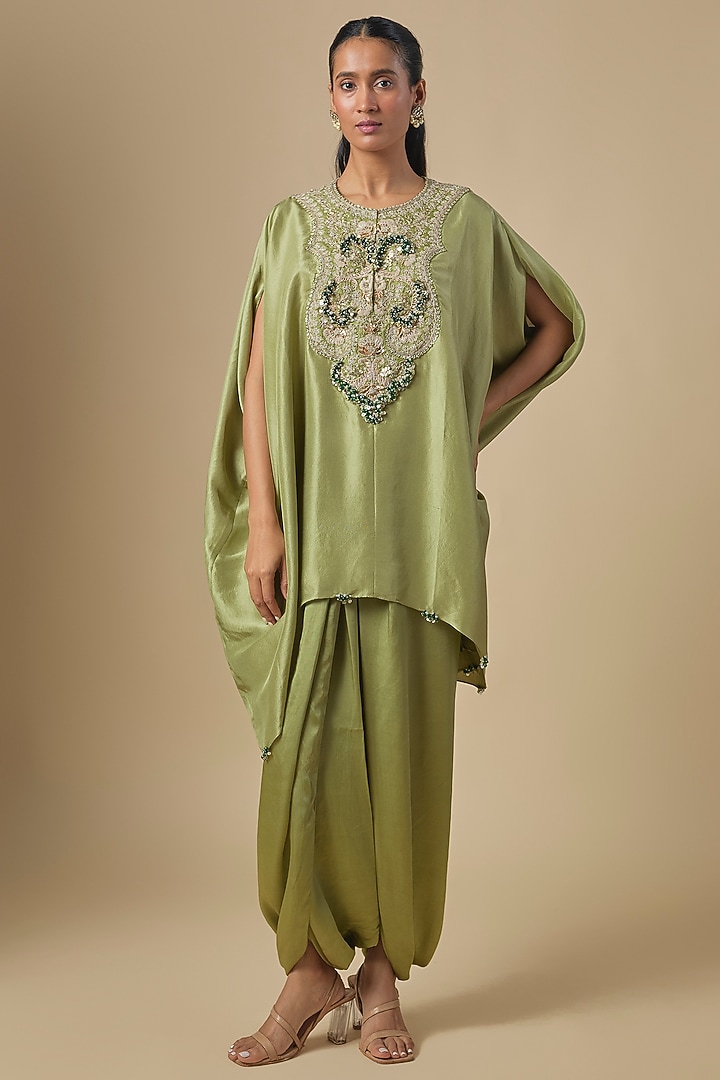 Sea Green Silk Mukesh Embroidered Kaftan Set by Prisho at Pernia's Pop Up Shop