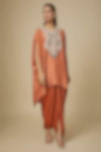 Rust Silk Mukaish Work Kaftan Set by Prisho at Pernia's Pop Up Shop