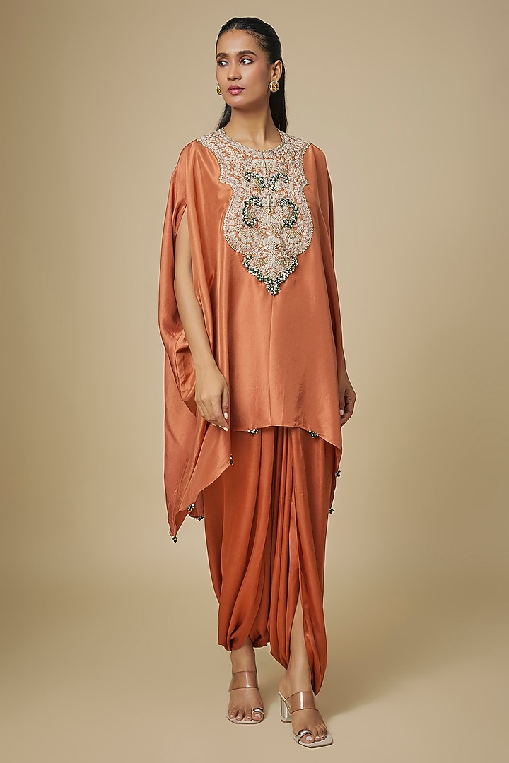 Rust Silk Mukaish Work Kaftan Set by Prisho at Pernia's Pop Up Shop
