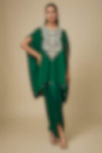 Bottle Green Silk Mukaish Work Kaftan Set by Prisho at Pernia's Pop Up Shop