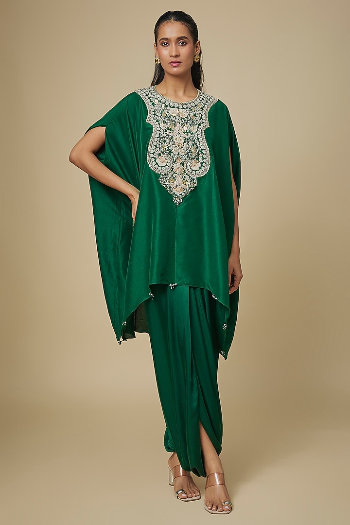 Bottle Green Silk Mukaish Work Kaftan Set by Prisho at Pernia's Pop Up Shop